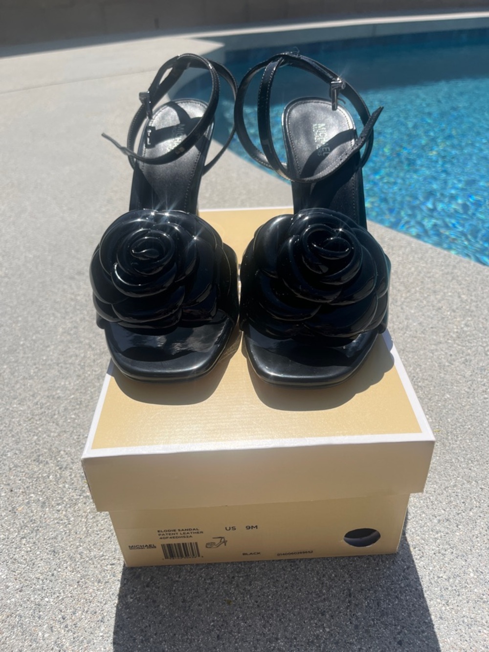 Michael Kors Black Patent Rose Appliqué Ankle-Strap Heels